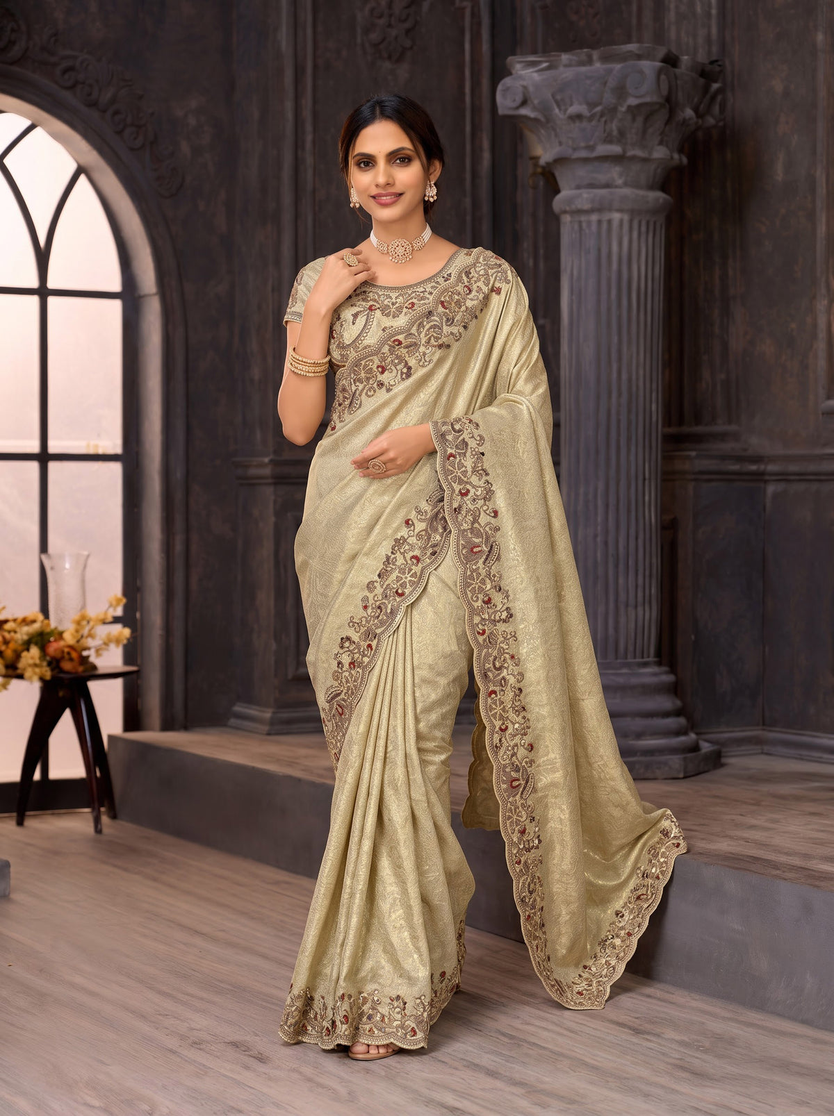 Cream embroidered silk blend saree daily wear