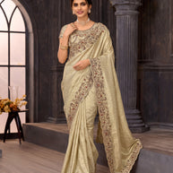 Cream embroidered silk blend saree daily wear