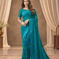 Blue printed georgette saree festive wear