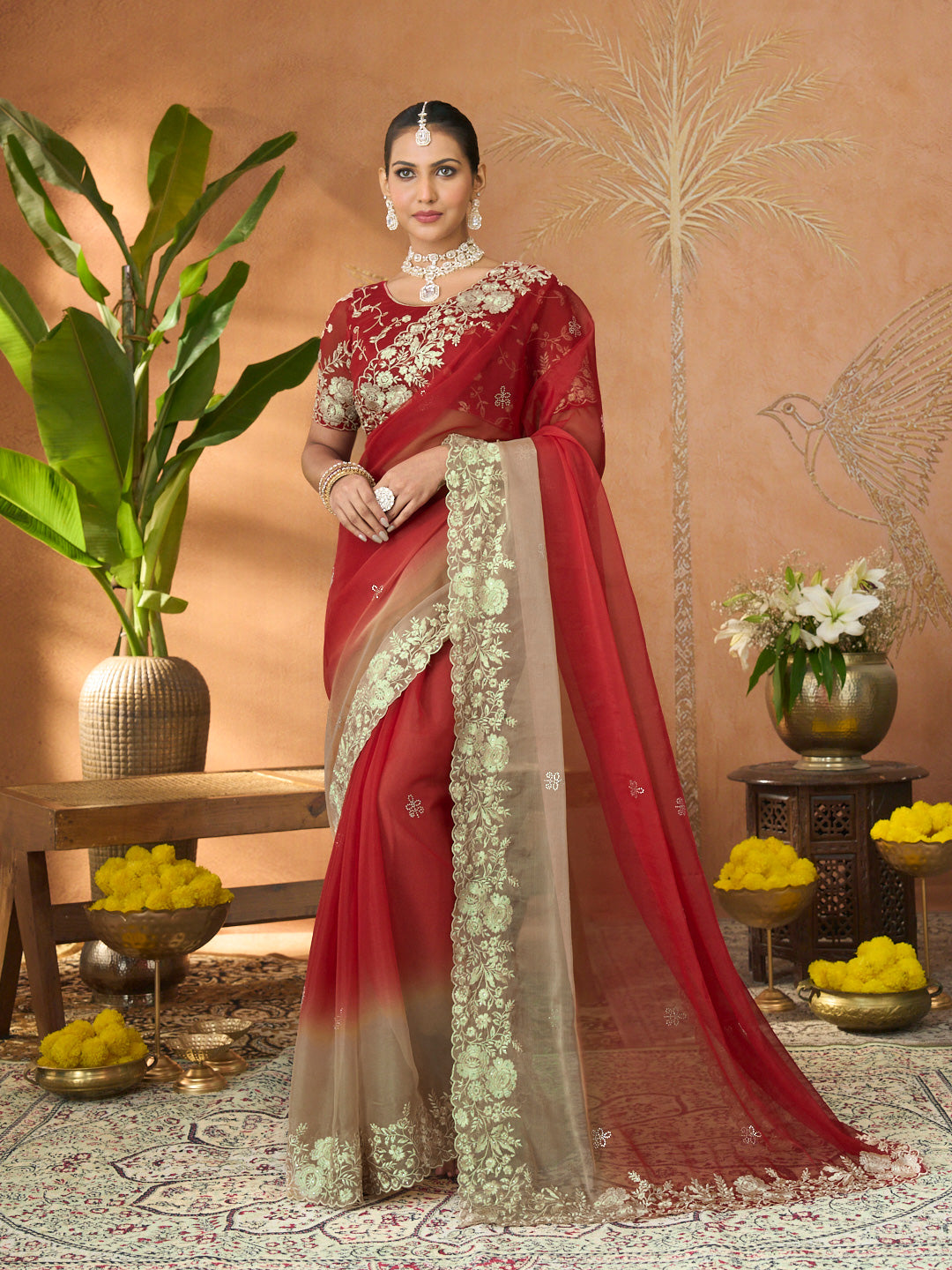 Red floral embroidered tissue organza saree festive wear