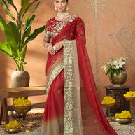 Red floral embroidered tissue organza saree festive wear