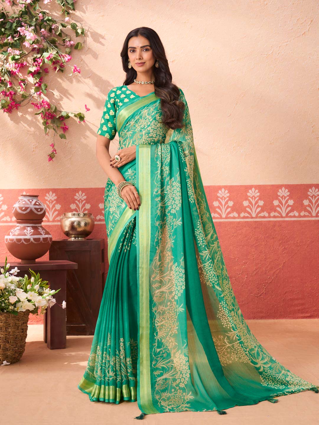 Green floral printed chiffon saree party wear
