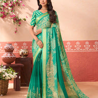 Green floral printed chiffon saree party wear