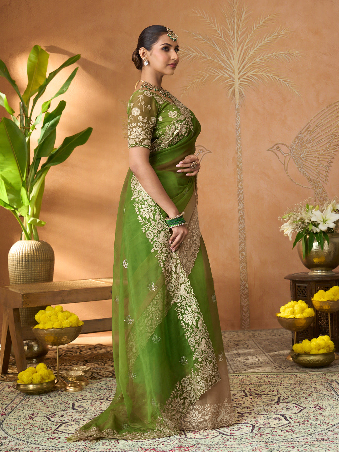 Green floral embroidered tissue organza saree casual wear