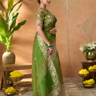 Green floral embroidered tissue organza saree casual wear