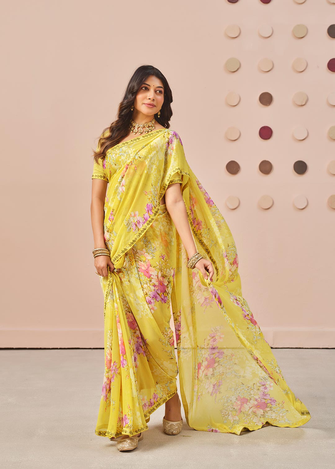 Yellow floral printed georgette saree wedding wear