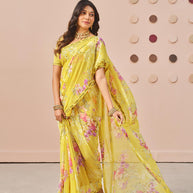 Yellow floral printed georgette saree wedding wear