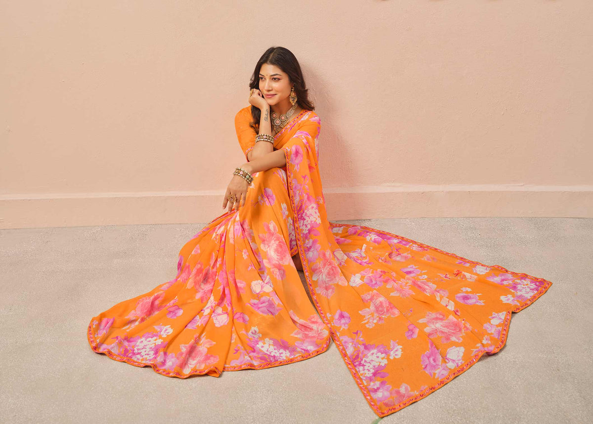 Orange floral printed georgette saree wedding wear