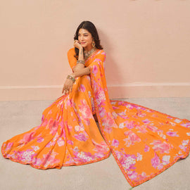 Orange floral printed georgette saree wedding wear
