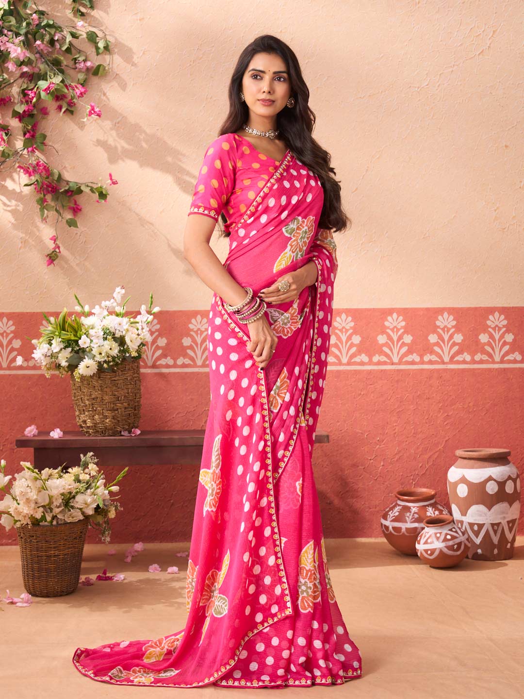 Pink floral printed chiffon saree casual wear