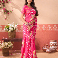 Pink floral printed chiffon saree casual wear