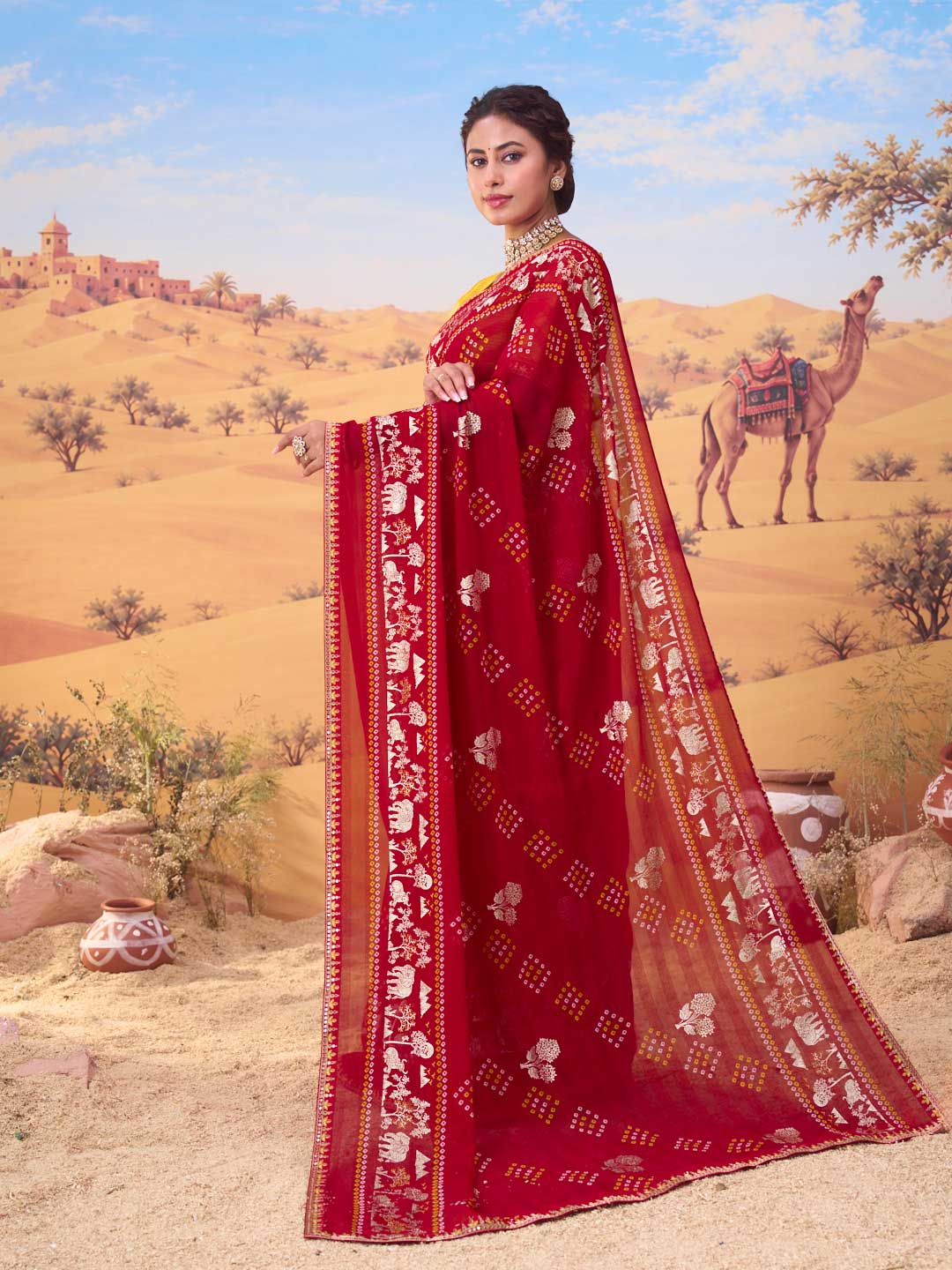 Red bandhani printed georgette saree daily wear