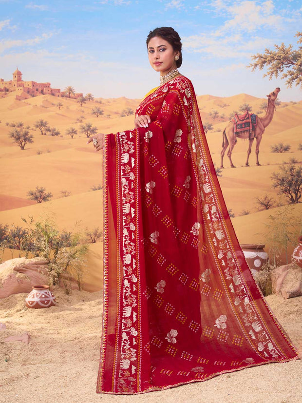 Red bandhani printed georgette saree daily wear