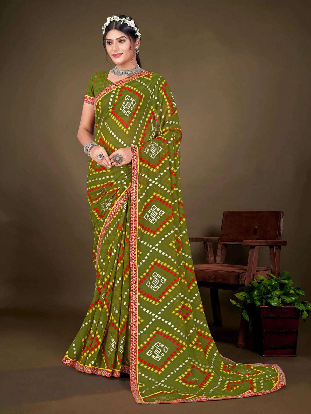 Green bandhani printed chiffon saree party wear
