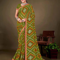 Green bandhani printed chiffon saree party wear
