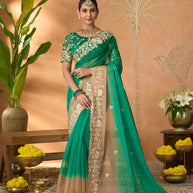 Green floral embroidered tissue organza saree festive wear