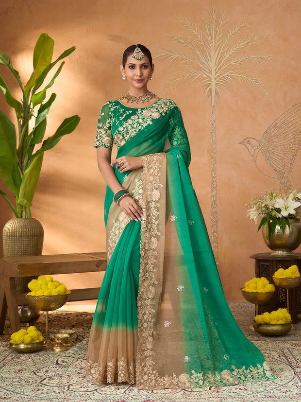 Green floral embroidered tissue organza saree festive wear