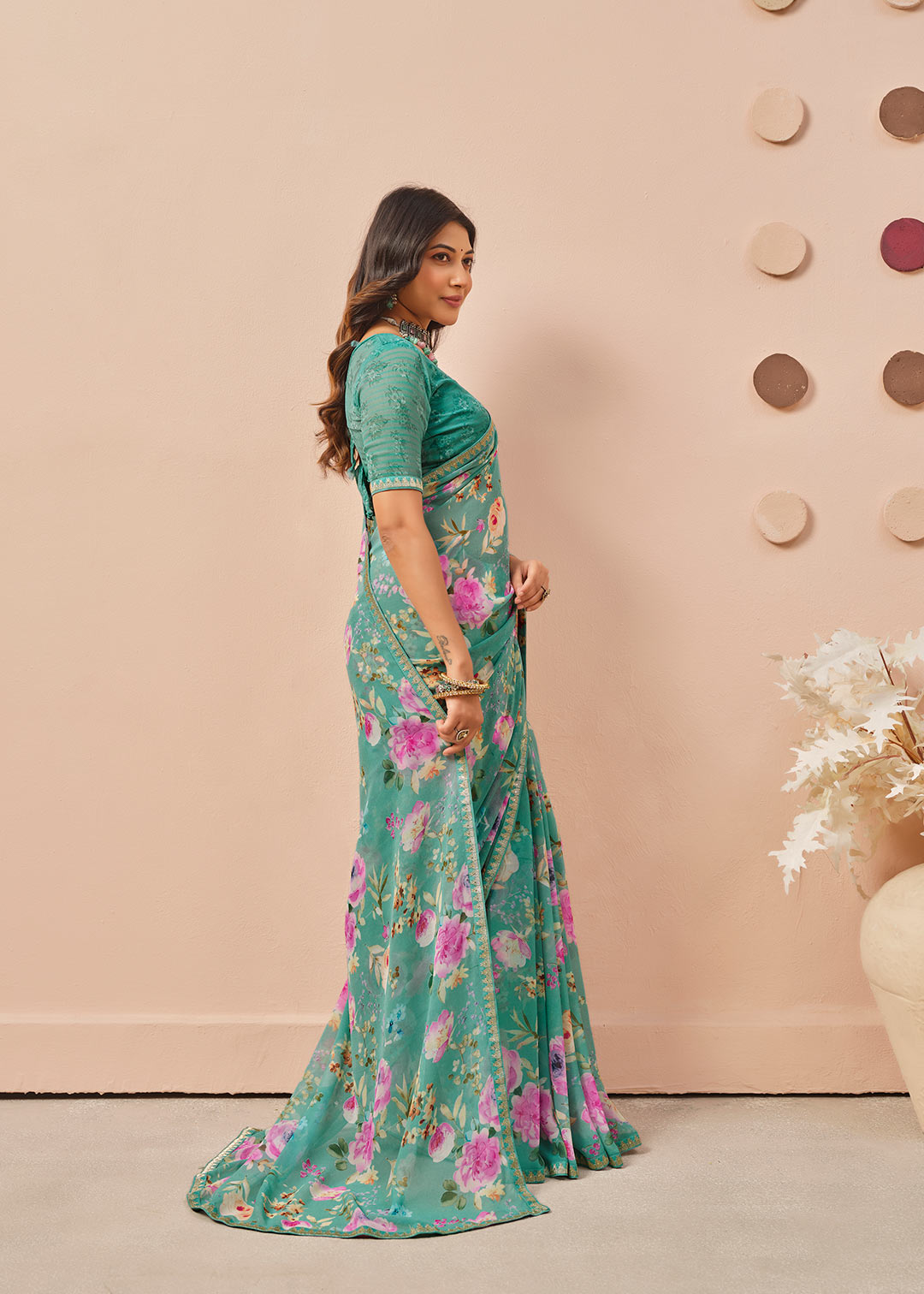 Blue floral printed georgette saree daily wear