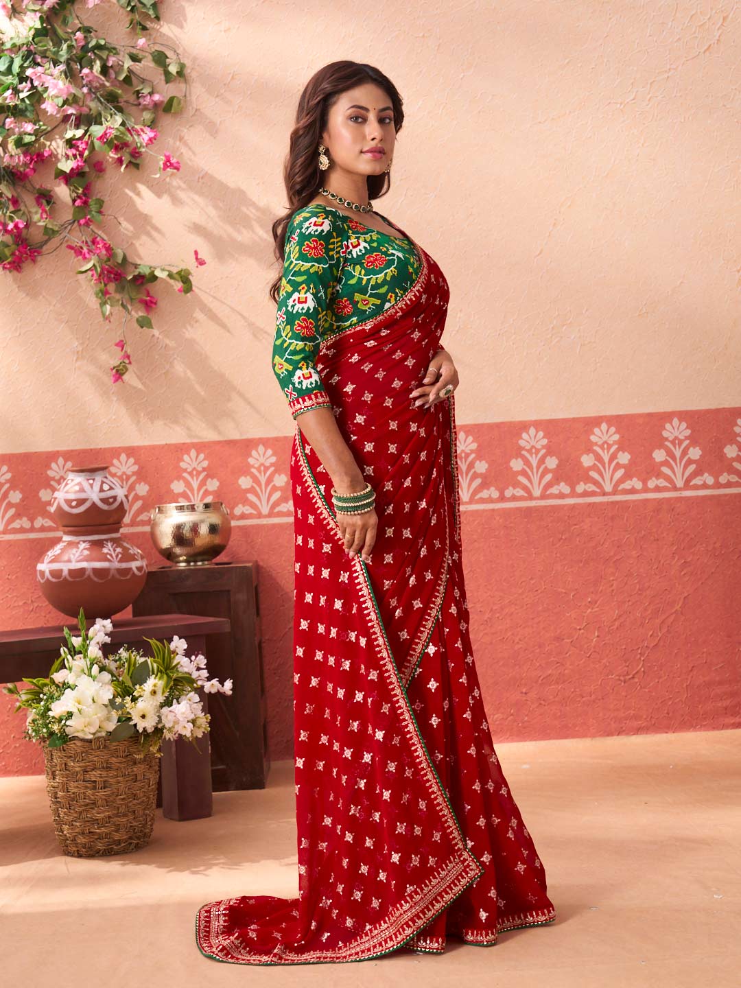 Red printed georgette saree wedding wear