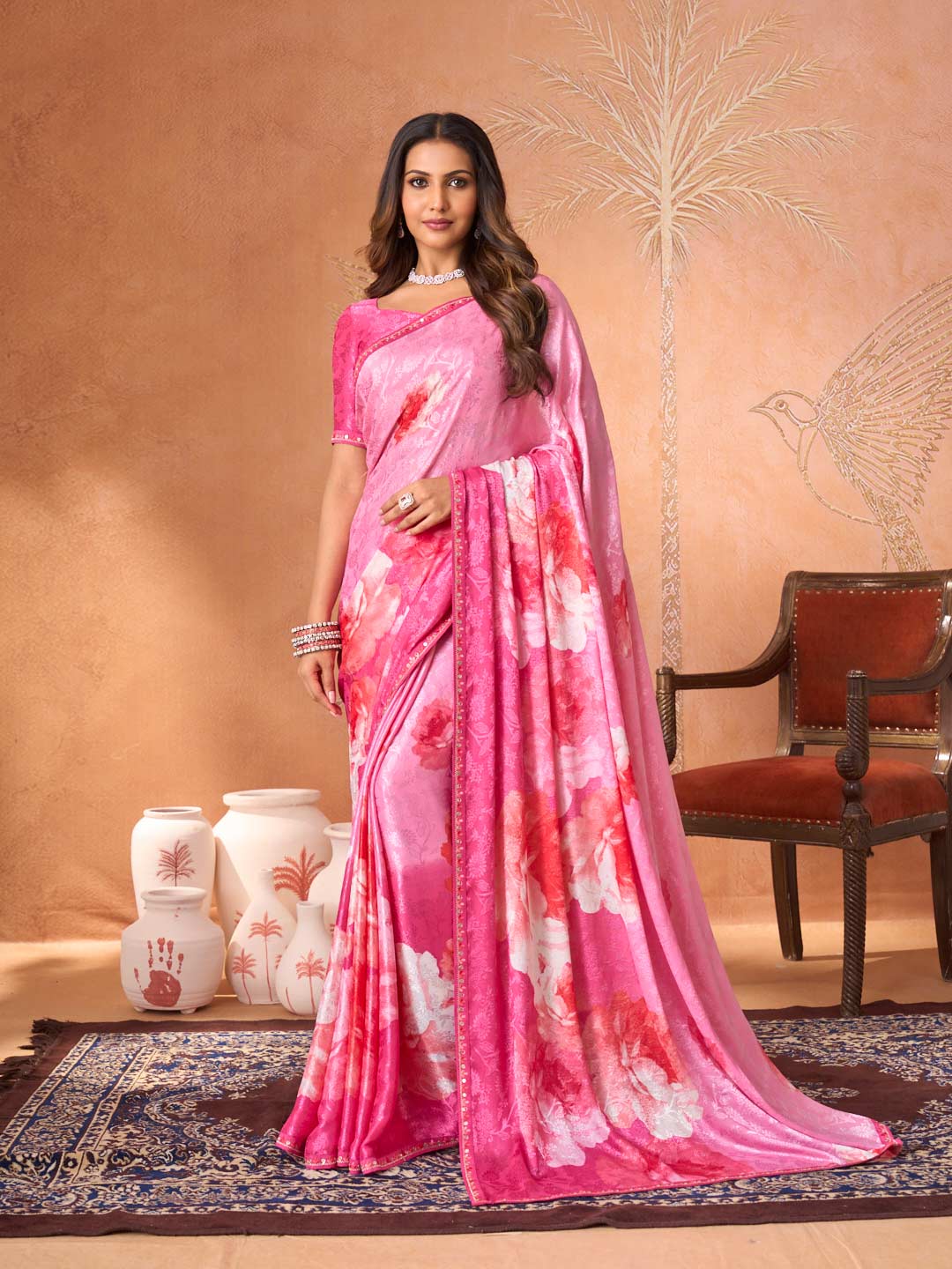 Pink embroidered silk blend saree party wear