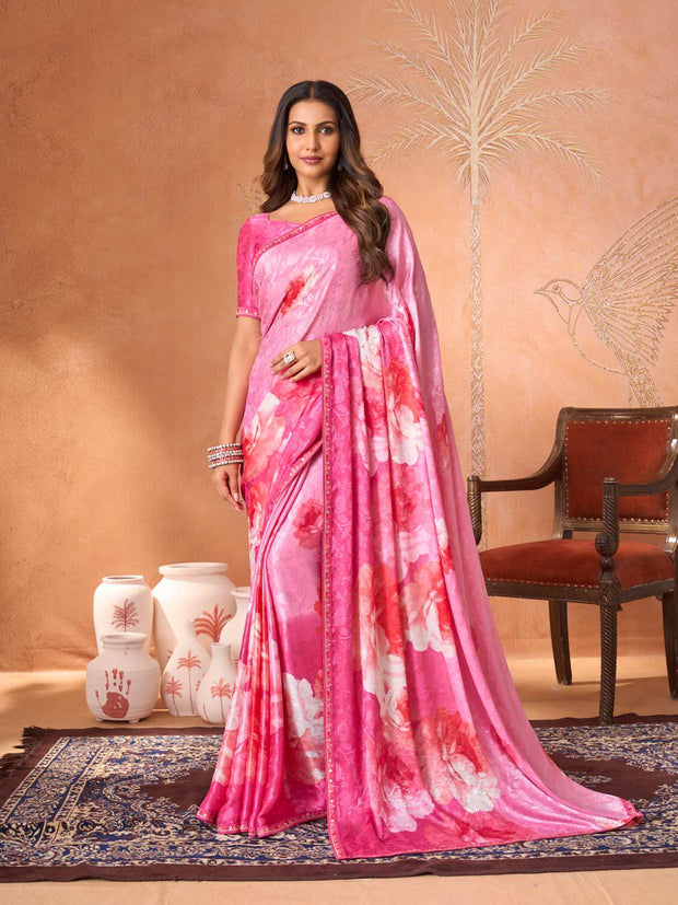 Pink embroidered silk blend saree party wear