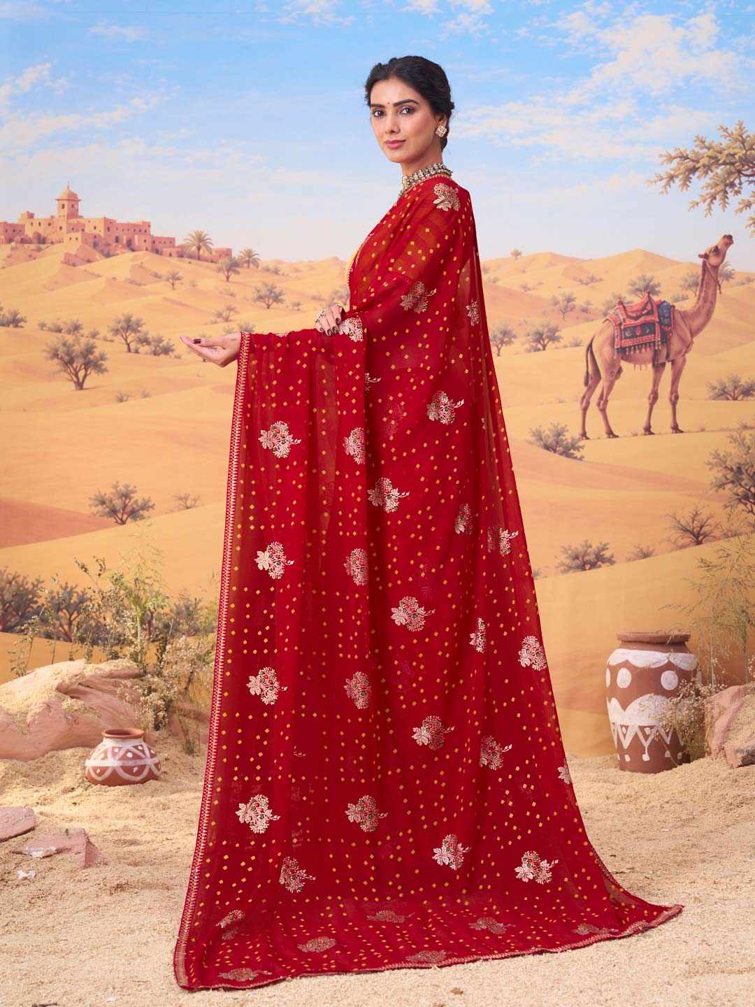 Red bandhani printed georgette saree daily wear