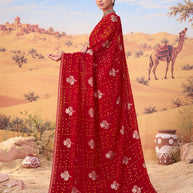 Red bandhani printed georgette saree daily wear