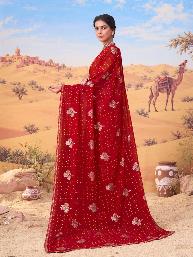 Red bandhani printed georgette saree daily wear