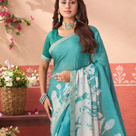 Blue floral printed silk blend saree wedding wear