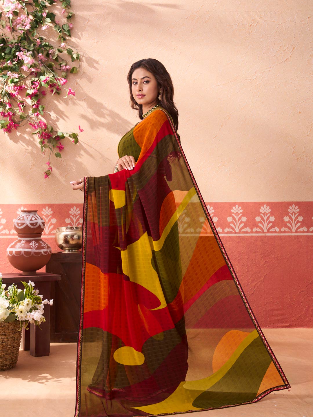 Multicolor abstract printed georgette saree festive wear
