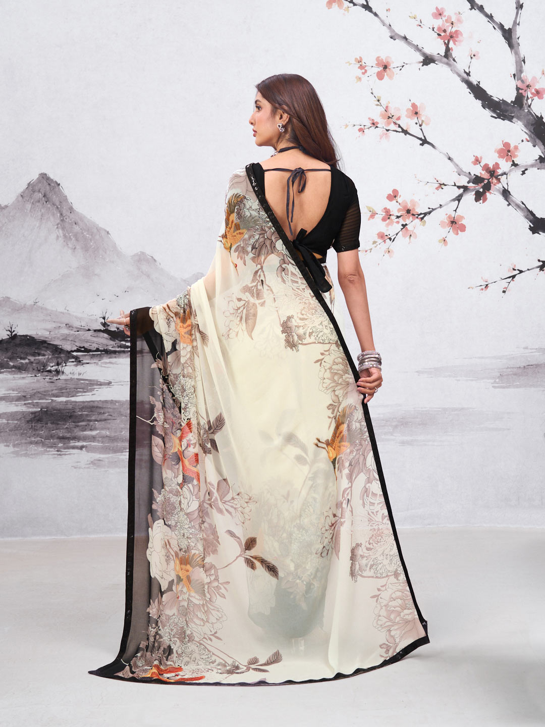 White floral printed georgette saree party wear