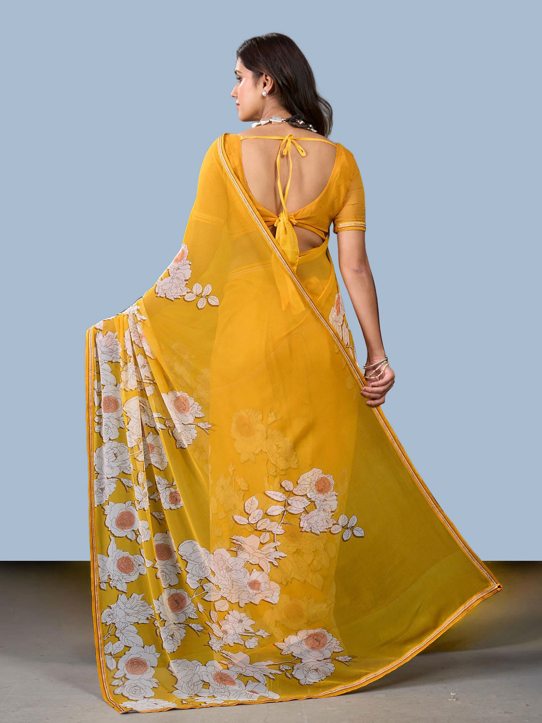 Laxmipati Rudramala Yellow Georgette Floral Printed Saree
