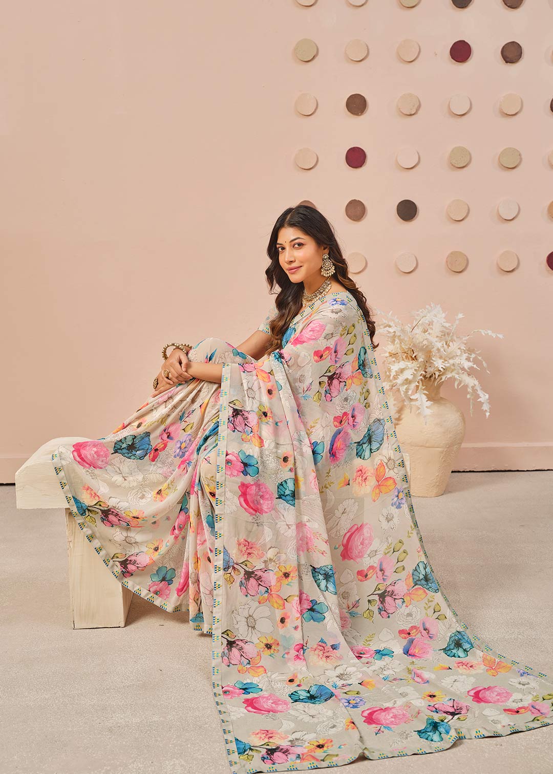 Grey floral printed georgette saree wedding wear