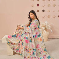 Grey floral printed georgette saree wedding wear