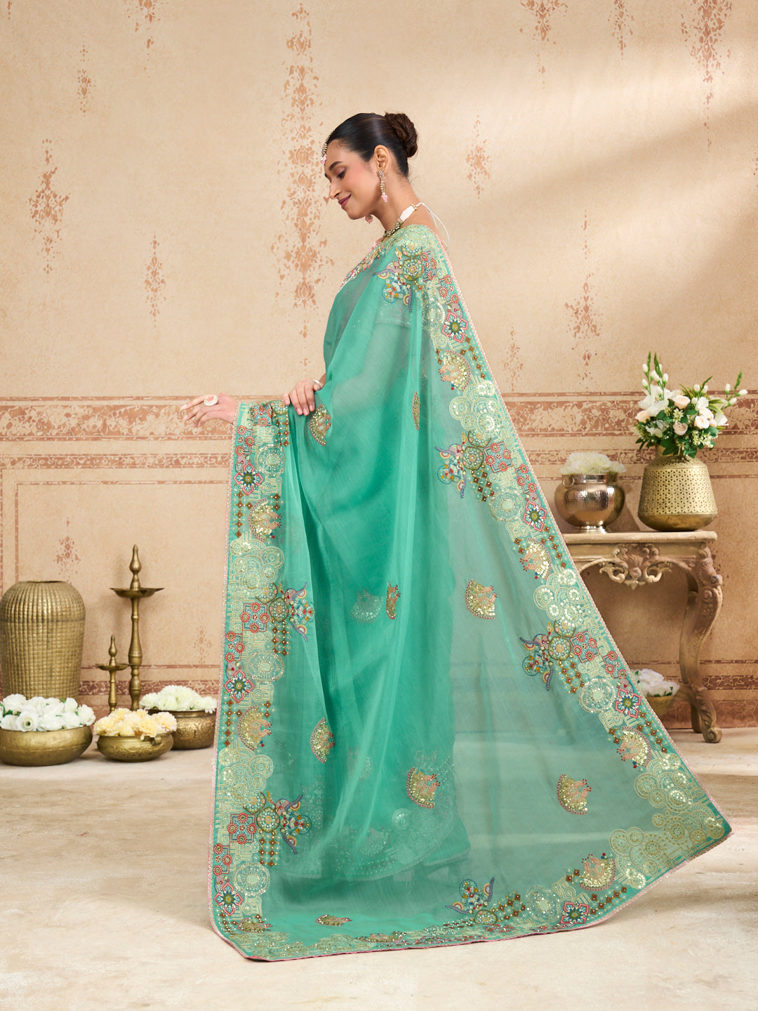 Blue embroidered tissue organza saree daily wear