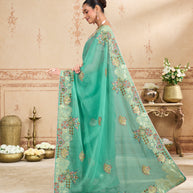 Blue embroidered tissue organza saree daily wear