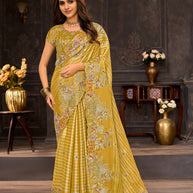 Yellow embroidered silk blend saree festive wear