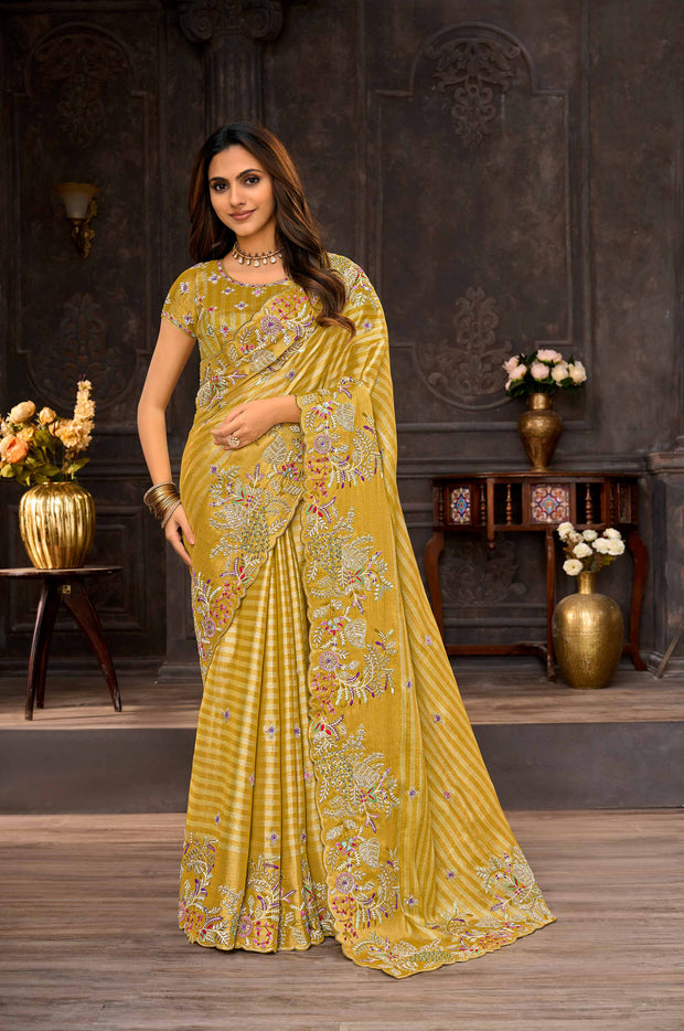 Yellow embroidered silk blend saree festive wear