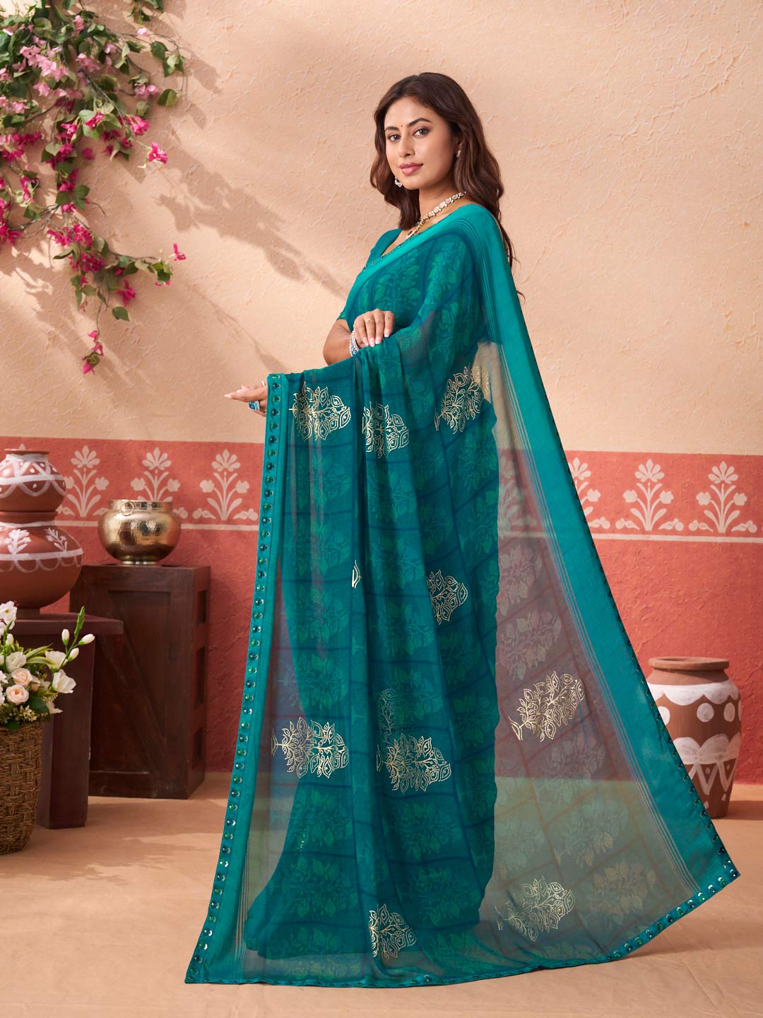Teal Green floral printed georgette saree festive wear