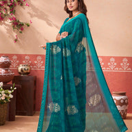 Teal Green floral printed georgette saree festive wear