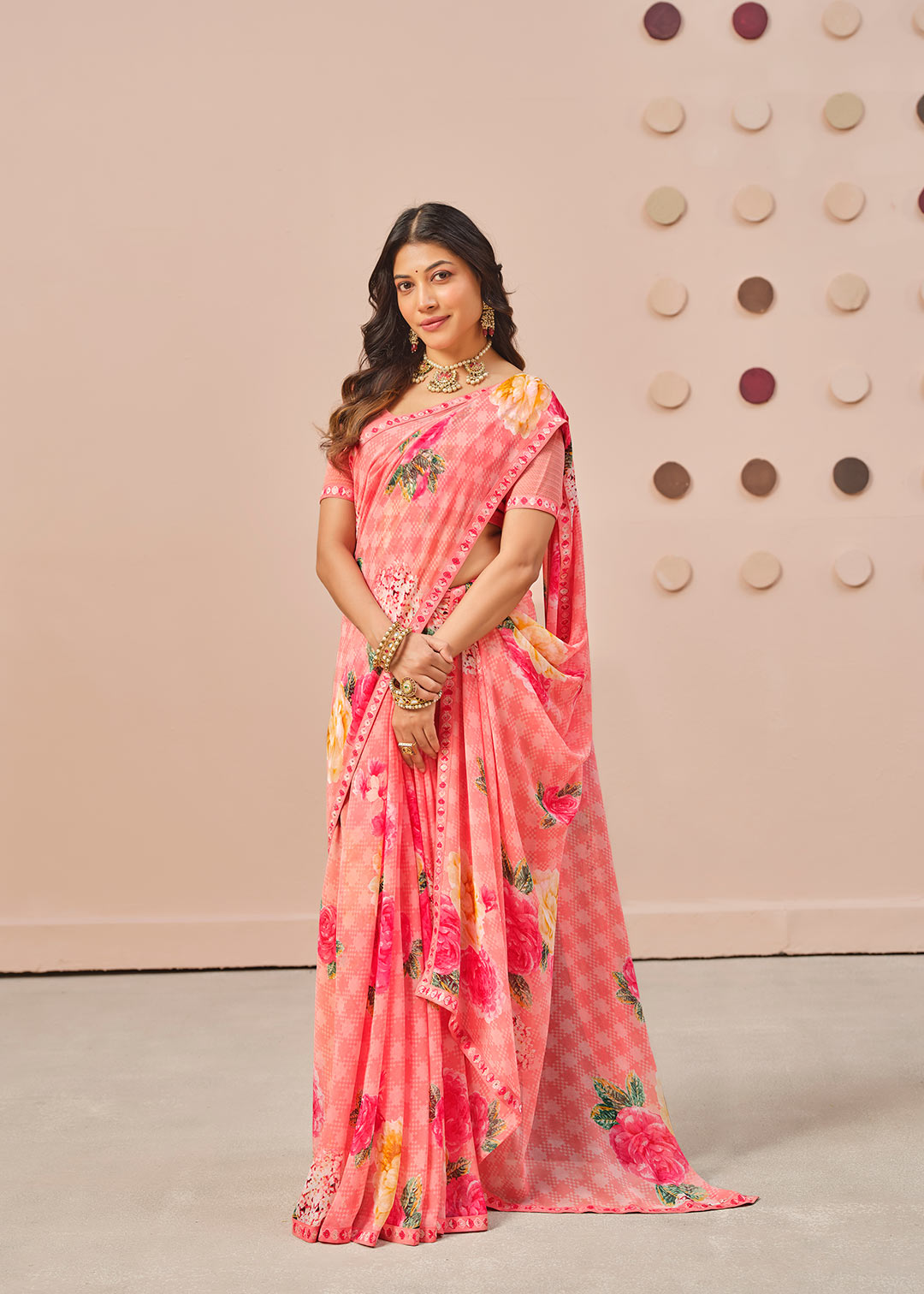 Pink floral printed georgette saree wedding wear