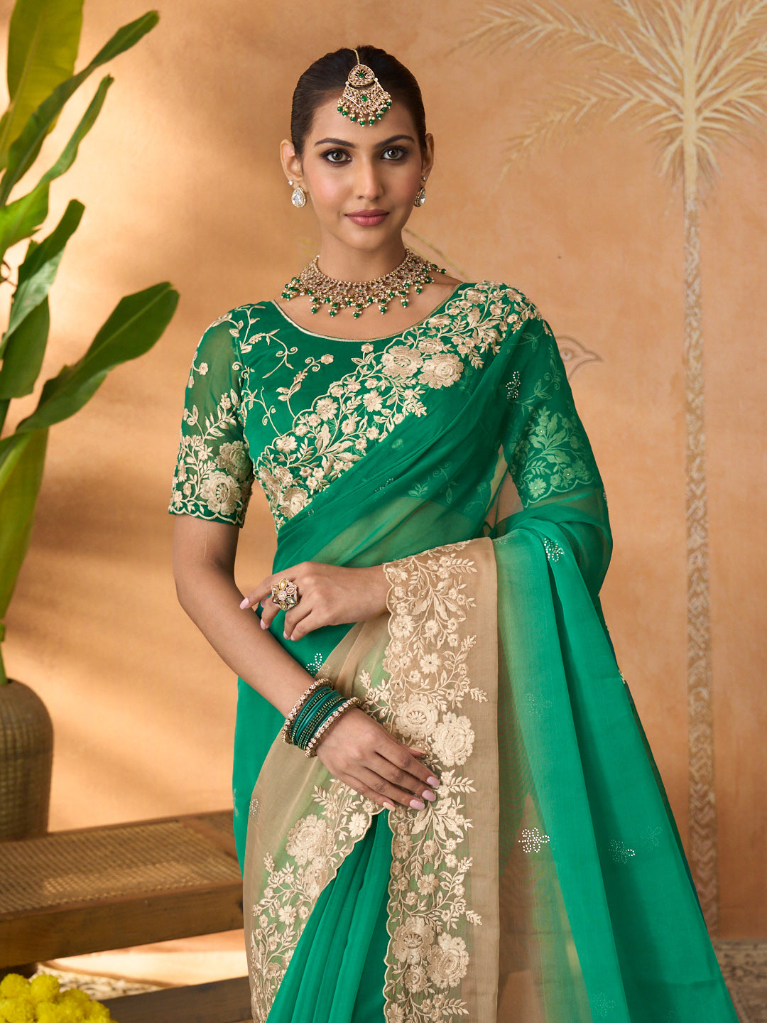 Green floral embroidered tissue organza saree wedding wear
