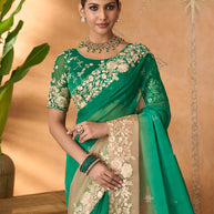 Green floral embroidered tissue organza saree wedding wear