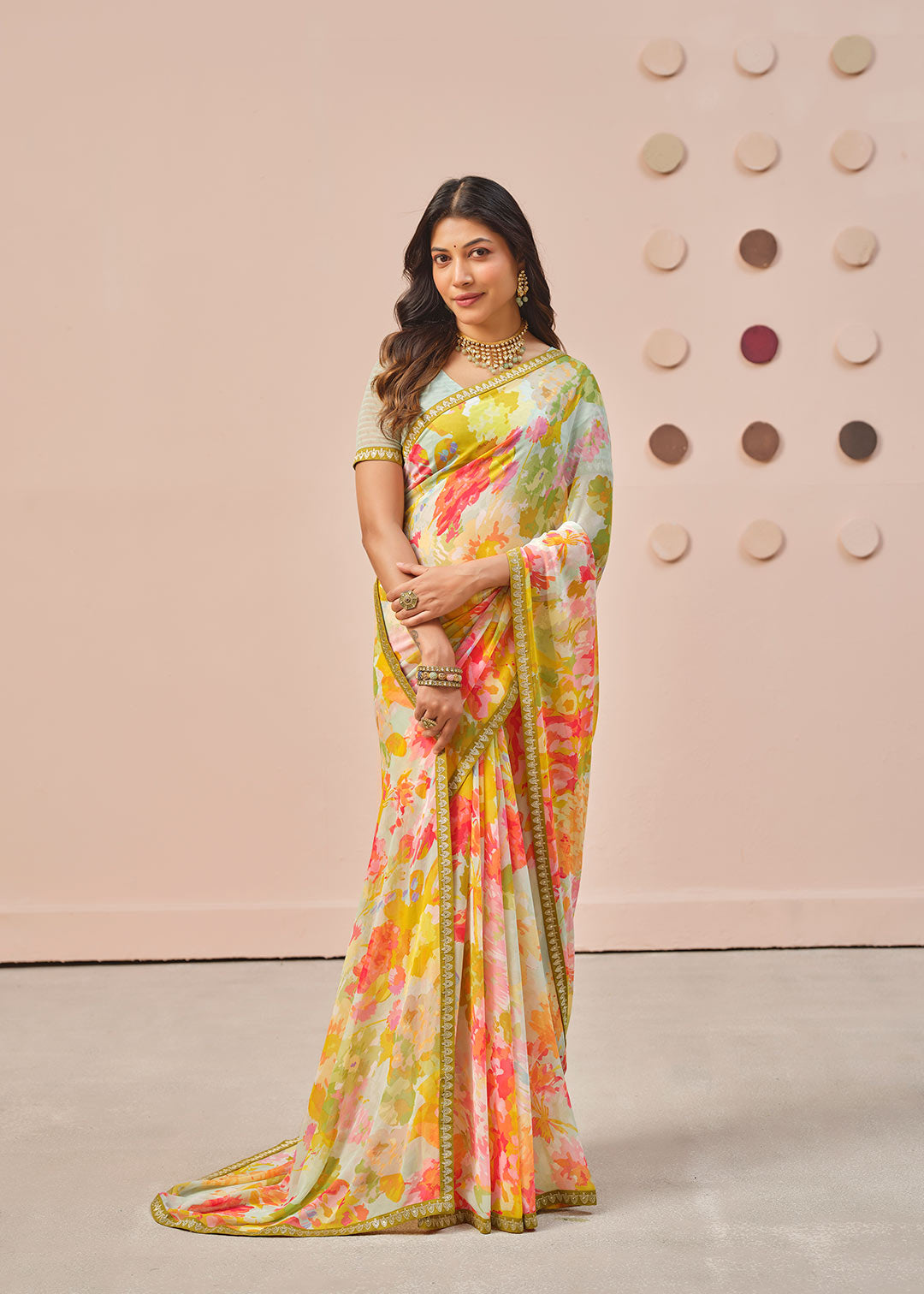 Multicolor printed georgette saree wedding wear