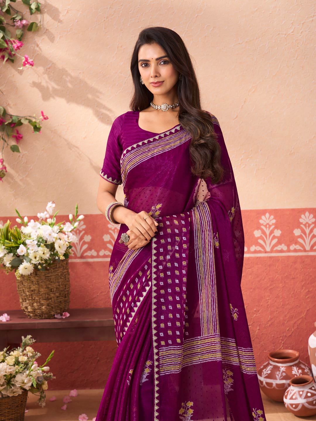 Purple geometric printed chiffon saree wedding wear