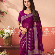 Purple geometric printed chiffon saree wedding wear