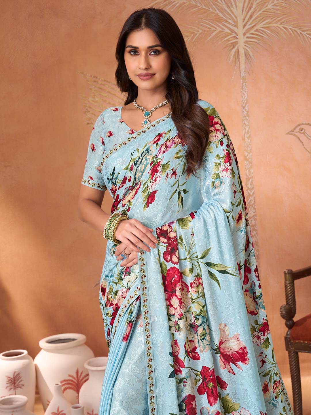Blue embroidered silk blend saree wedding wear