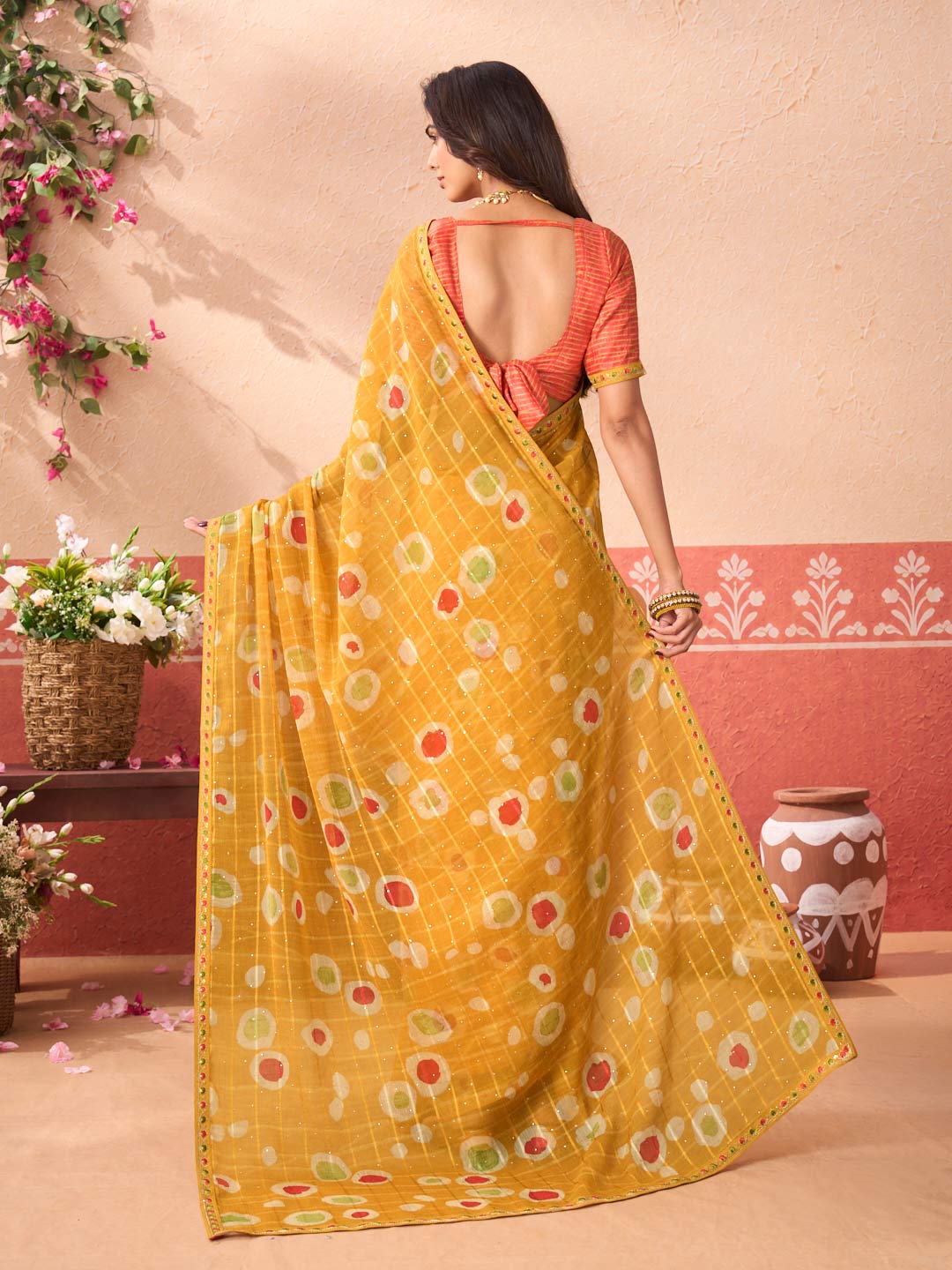 Mustard geometric printed chiffon saree party wear