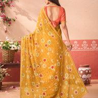 Mustard geometric printed chiffon saree party wear