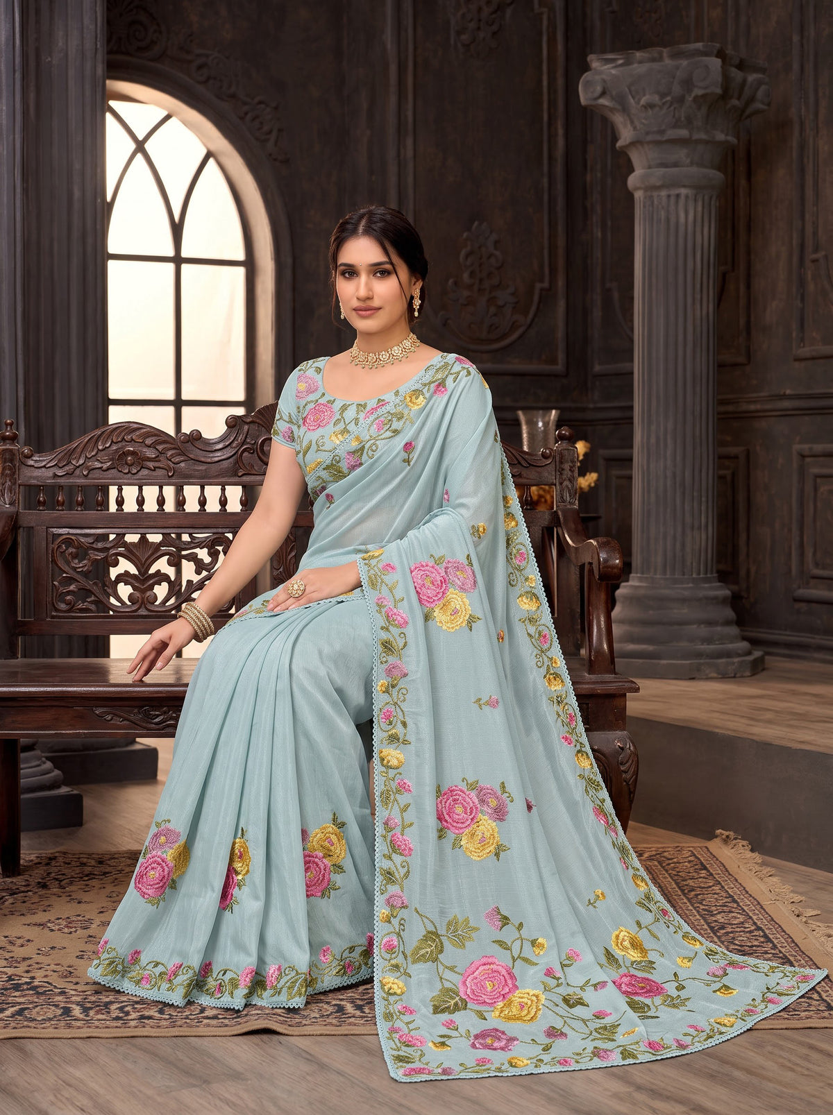 Blue embroidered tissue organza saree wedding wear